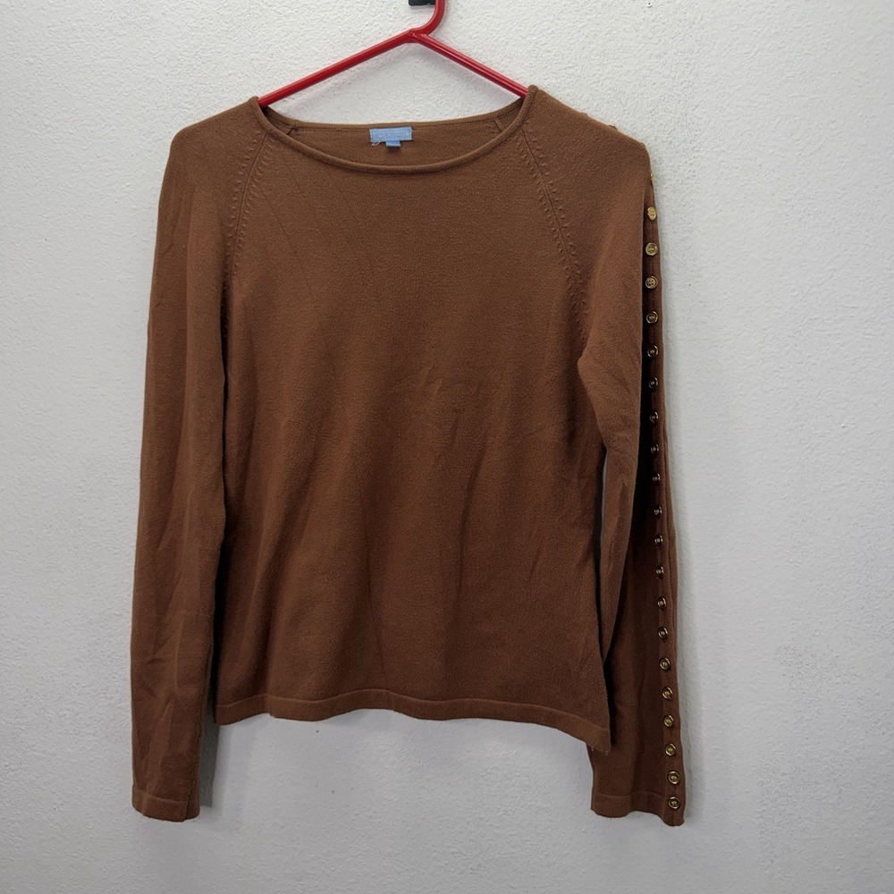 J.McLaughlin Womens Brown Long Sleeve Crewneck Top Gold Buttons Size S Luxury